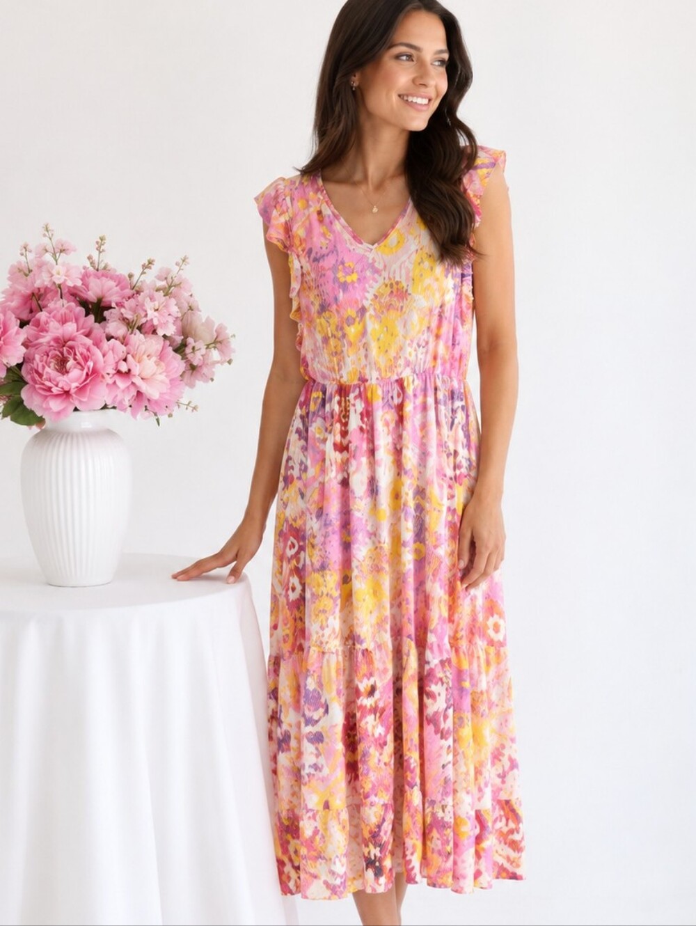 Canyon Retreat Bright Summer Midi Dress In Pink And Yellow Sleeveless